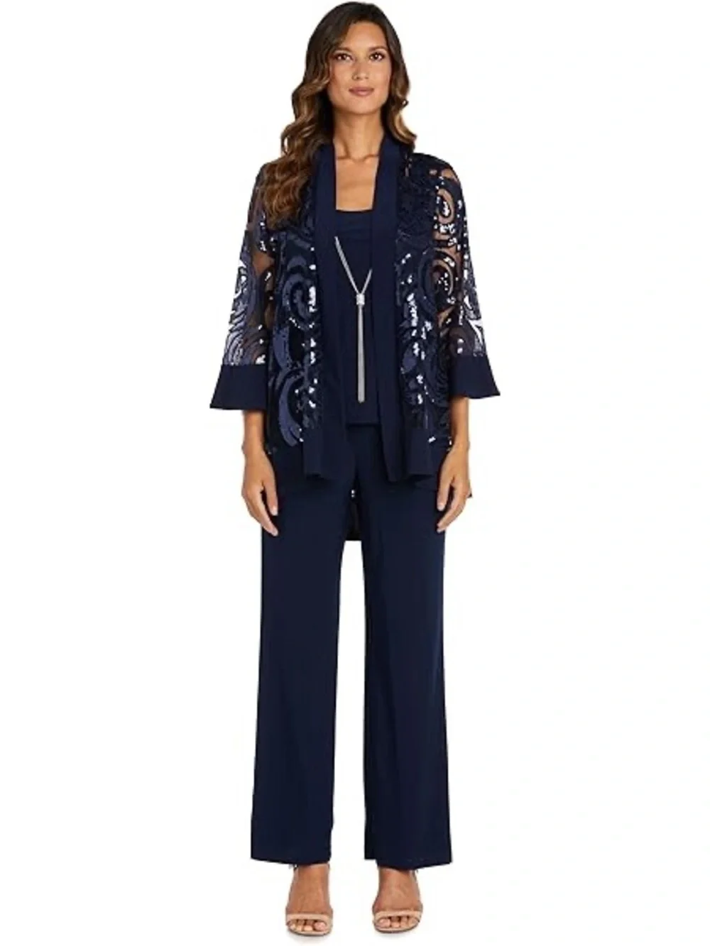 Three Piece Set With Sequin Swing Jacket and Detachable Necklace in Navy - Picture 2 of 6